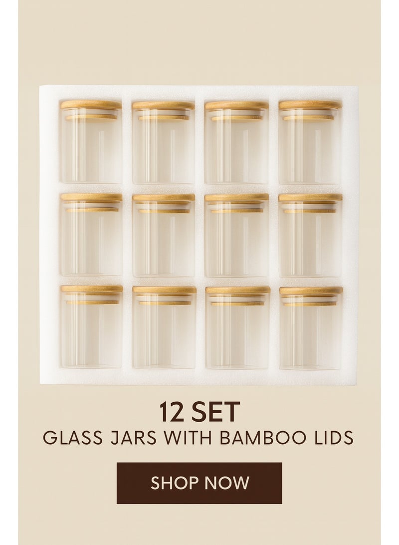 12-Piece Premium Glass Spice Jar Set with Airtight Bamboo Lids – 250ml Small Glass Food Storage Containers for Spices, Herbs, Seeds & Seasonings – Elegant Kitchen & Pantry Organization - Image 3